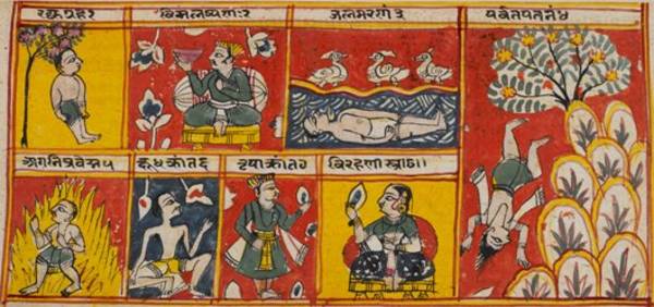 This manuscript painting shows examples of 'the fool’s death' – bāla-maraṇa – or suicide. Various methods of suicide are colourfully illustrated here, including hanging, poisoning and jumping from a high place.