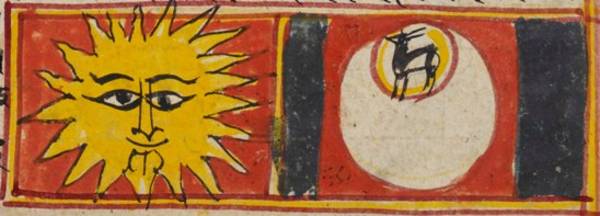 This painting from a manuscript depicts the sun and moon. The deer is associated with the moon in Indian culture and is often used to symbolise the moon in pictures.
