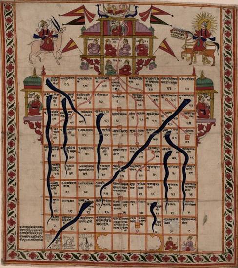 The Western game of snakes and ladders is probably based on a Jain visualisation of the unsteady progress of the soul through the cycle of rebirth. This 19th-century chart shows the uncertain path of spiritual development, involving many ups and downs.