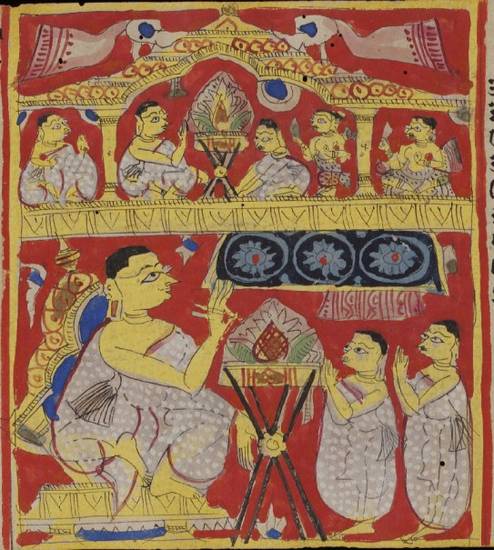 This painting from an Uttarādhyayana-sūtra manuscript shows Śvetāmbara monks listening to a senior mendicant. The teacher is the largest figure, indicating his importance, and he sits on a low dais with a bookstand – sthāpanācārya – in front
