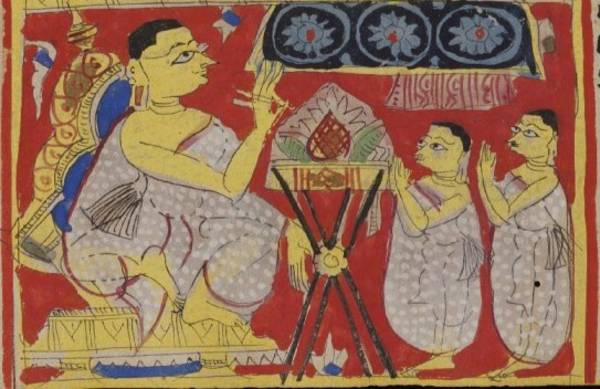 This detail of an Uttarādhyayana-sūtra manuscript painting shows a Śvetāmbara monk teaching. As the highest-ranking monk, the teacher is the largest figure and sits on a dais. The junior mendicants gesture in homage while a bookstand is between them