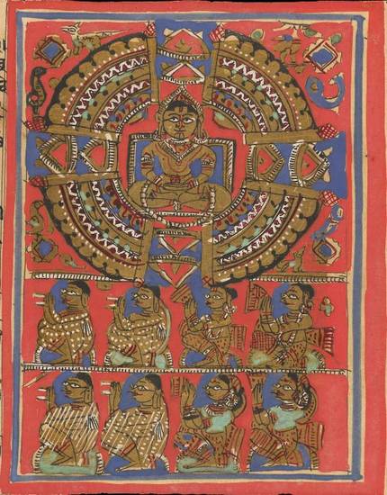 A manuscript painting of the universal gathering and fourfold community. The universal gathering is the place and event when a Jina preaches to sentient beings. The fourfold community – saṇgha – is made up of monks, nuns, lay men and lay women