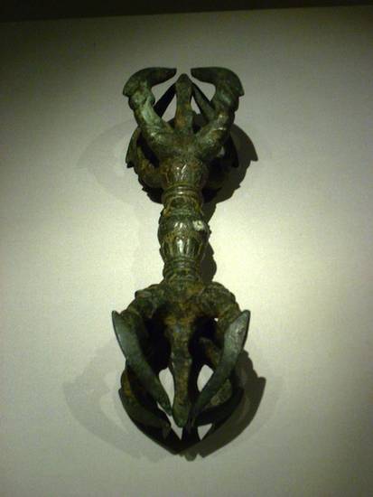 The vajra is a double-ended thunderbolt that is a divine weapon in Indian mythology. To Jains, it is particularly associated with the yakṣī Cakreśvarī and with Śakra, the lord of the gods who reside in the Saudharma heaven.