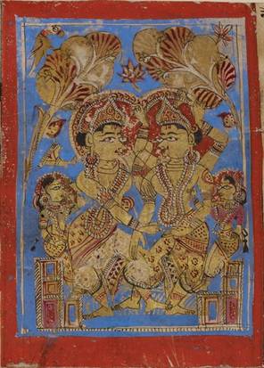 The 22nd Jina Nemi with his cousin Kr̥ṣṇa. To Jains Kr̥ṣṇa is Prince Nemi's cousin, who appears in his life story. He is the ninth and final Vāsudeva of this time period and thus a a śalākā-puruṣa – 'great man'. To Hindus Kr̥ṣṇa is the avatar of Viṣṇu.