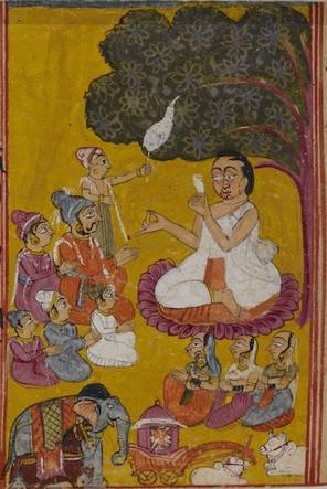 This manuscript painting shows Indrabhūti Gautama preaching. The white-clad monk is fanned by a servant and sits on a lotus, symbols of worldly and spiritual rank. King Śreṇika and his family sit separately from the lords and ladies of the court