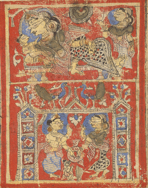 This manuscript illustration shows the birth and marriage of Ṛṣabhanātha or Lord Ṛṣabha, the first Jina. These lavishly decorated scenes are stock depictions of the first two important events in the life of the first Jina.